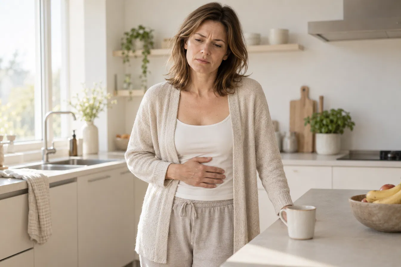 Frau mittleren Alters hält sich im hellen Küchenambiente unwohl den Bauch – Symbolbild für ein aufgeblähtes, schweres Gefühl