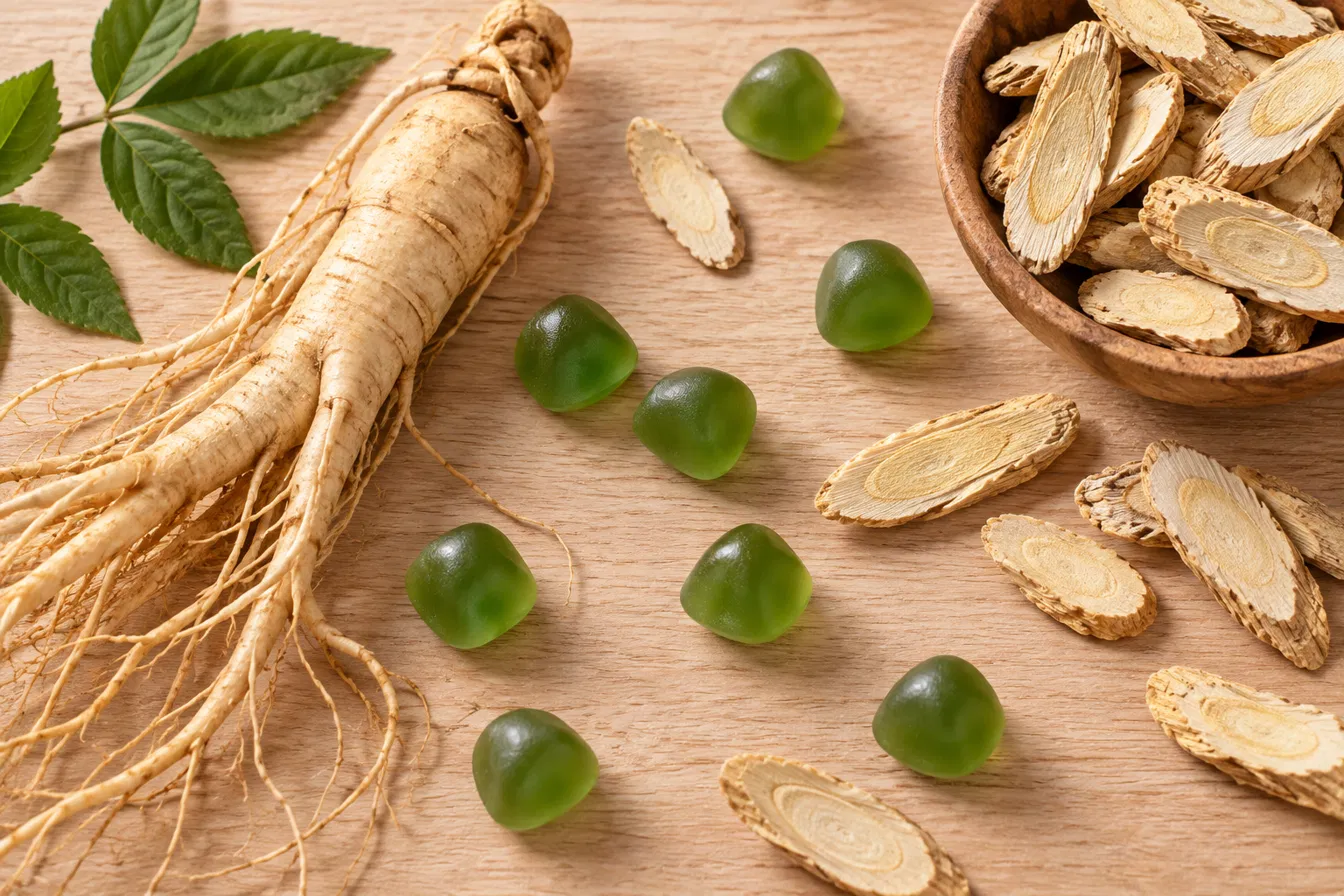 Ginsengwurzel, getrocknete Astragalus-Wurzelscheiben und grüne TrimTox-Fruchtgummis auf einem Holztisch