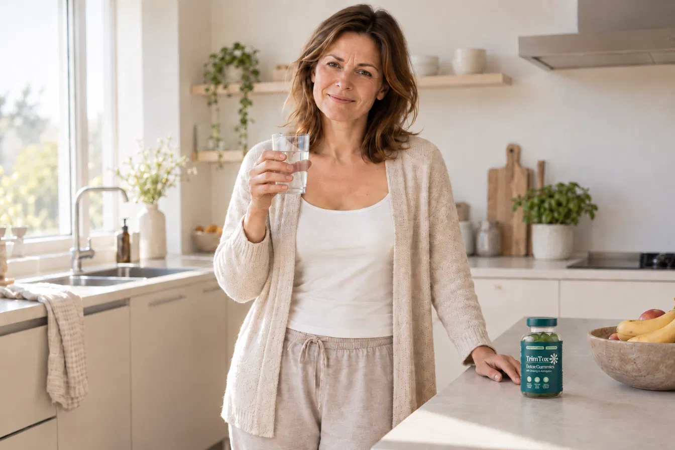 Frau mittleren Alters steht entspannt mit einem Glas Wasser in einer hellen Küche neben einer Packung TrimTox – Symbolbild für eine ruhige tägliche Routine